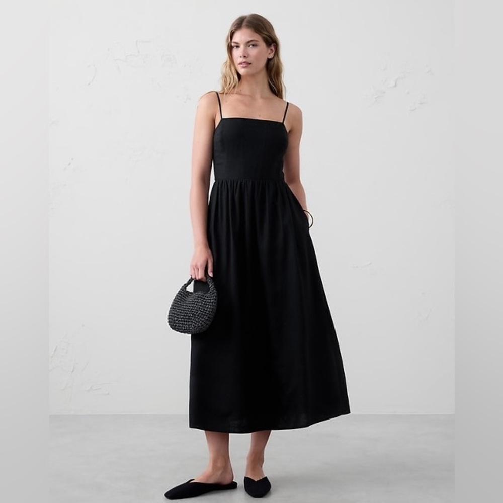 Stillwater Black Linen Blend Midi Dress Small Spaghetti Strap Boho Casual